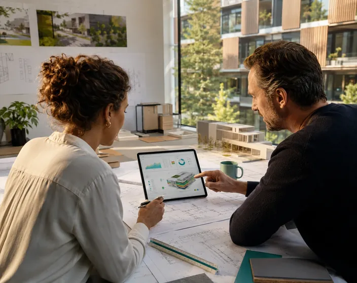 Home Deux professionnels analysent les données énergétiques d’un bâtiment sur une tablette, entourés de plans et de maquettes.